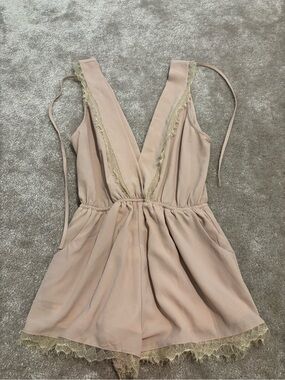 Tan Lace-Trim Deep V Romper